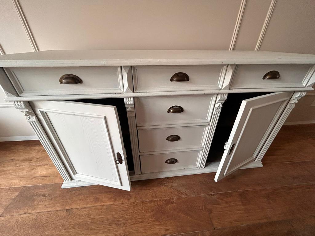 Beige dressoir met lades en deuren, Huis en Inrichting, Kasten | Dressoirs, Ophalen, Gebruikt, 150 tot 200 cm, Met lade(s)