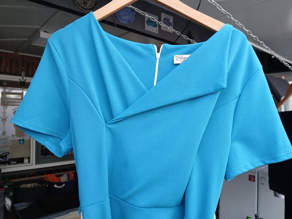 Vintage Stijl Jurk - Turquoise met Witte Rits, Blauw, Maat 46/48 (XL) of groter, Ophalen of Verzenden, Zo goed als nieuw