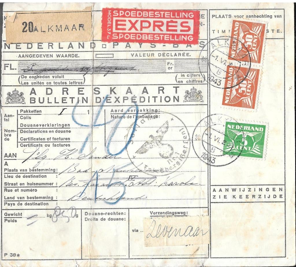 Pakketkaart Expres buitenland Lebeau vliegende duif Alkmaar, Verzenden, Envelop