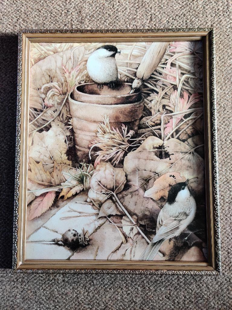 brocante fotolijst 28x 23 cm vintage met vogel print, Verzenden