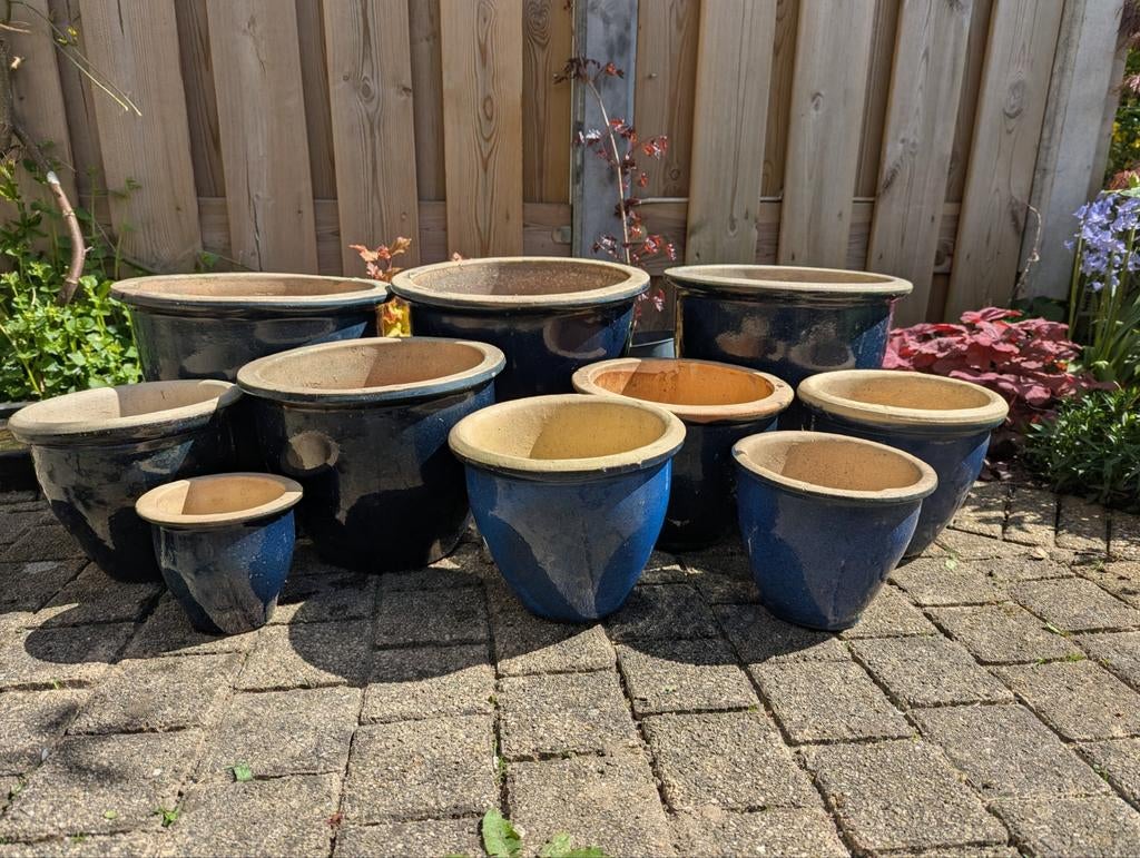 10 blauwe geglazuurde tuinpotten - diverse maten, Tuin en Terras, Ophalen, Steen, Gebruikt, Minder dan 60 cm