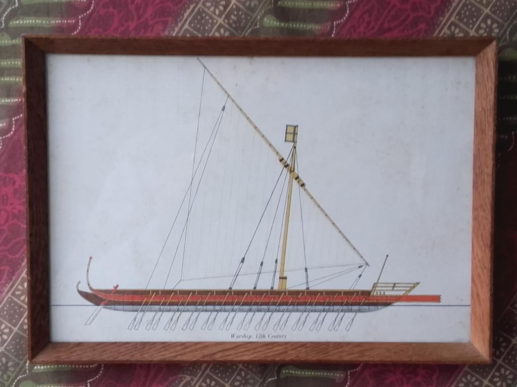 Antieke ingelijste gravure uit Engeland van een oorlogsschip