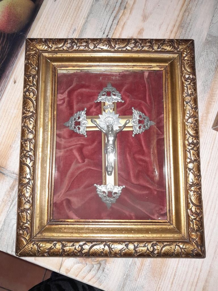 Pasen Jezus aan het kruis bolglas lijst antiek, Ophalen of Verzenden