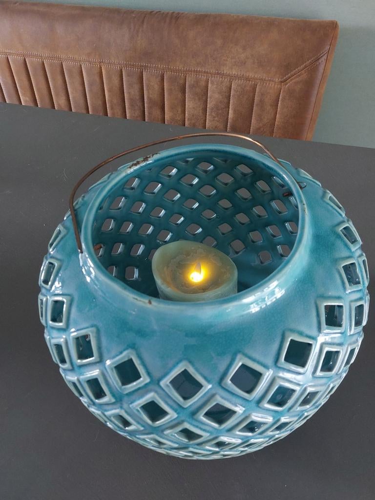Riviera Maison Windlicht - Turquoise Keramiek, Overige materialen, Overige kleuren, Ophalen of Verzenden, Zo goed als nieuw