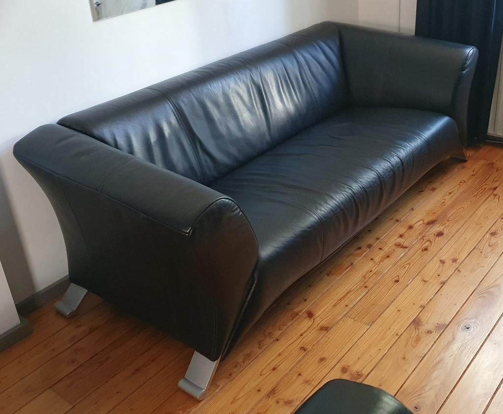 Rolf Benz 322 3-zits bank, zwart leer, modern, Ophalen, Gebruikt, Minder dan 75 cm, Driepersoons