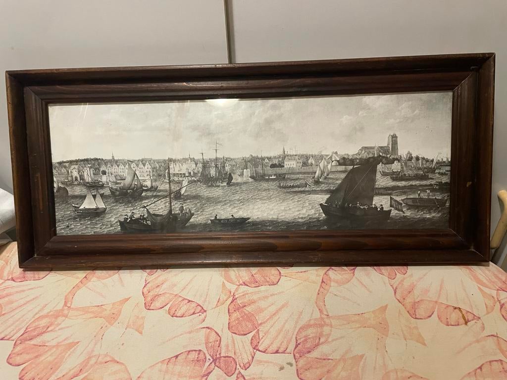 Schilderij - stadsgezicht van Gouda - houten lijst, Antiek en Kunst, Ophalen of Verzenden