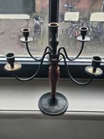 Ouderwetse 5-armige kandelaar van koper/brons met hout, Antiek en Kunst, Antiek | Kandelaars, Ophalen of Verzenden, Koper of Brons