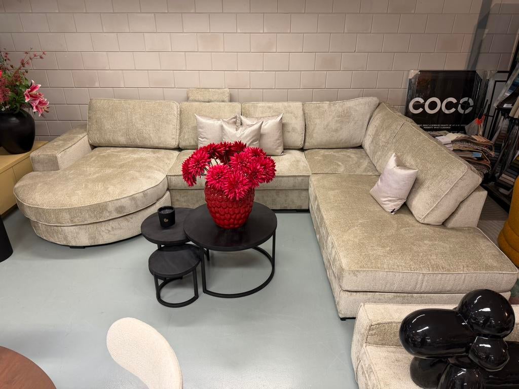 Luxe Velvet Teddy U-bank Mila 170x380x250cm NIEUW Beige Sand, Huis en Inrichting, Banken | Bankstellen, Info@oosterbaanwonen.nl