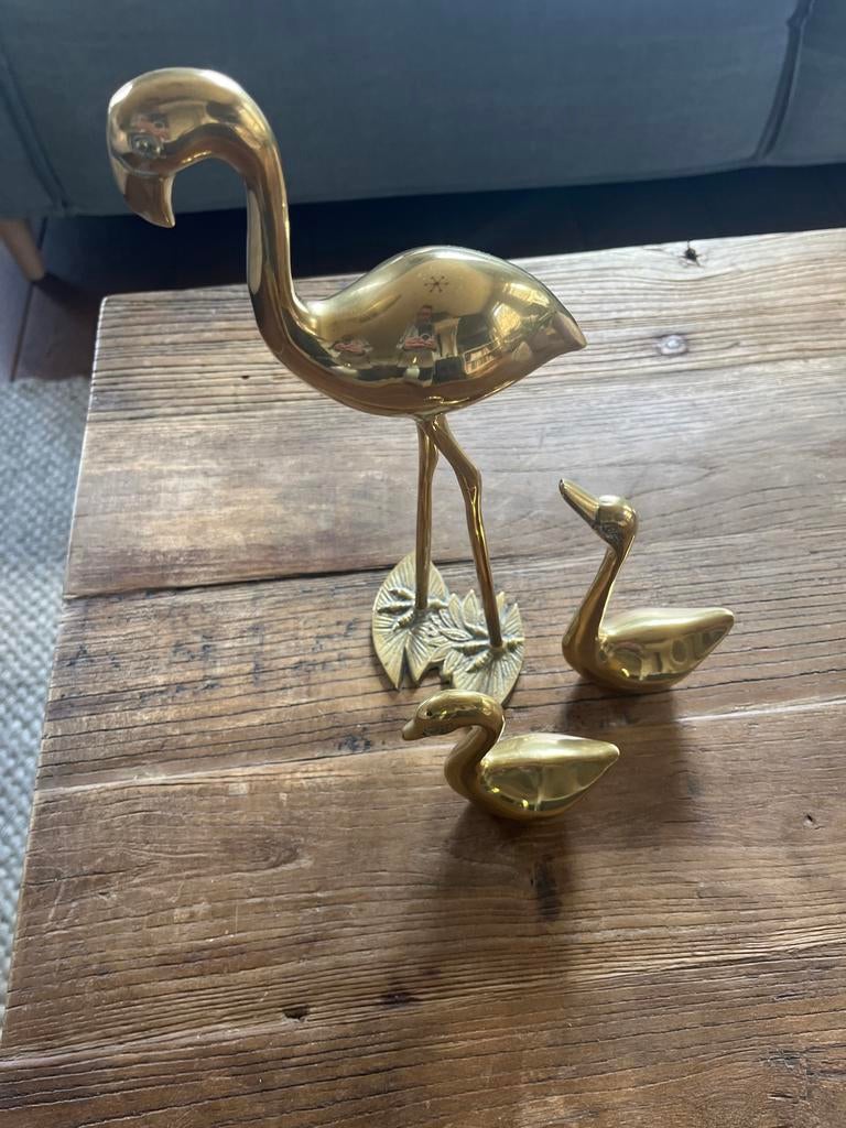 Messing Flamingo en Eenden Beeldjes Set, Ophalen of Verzenden