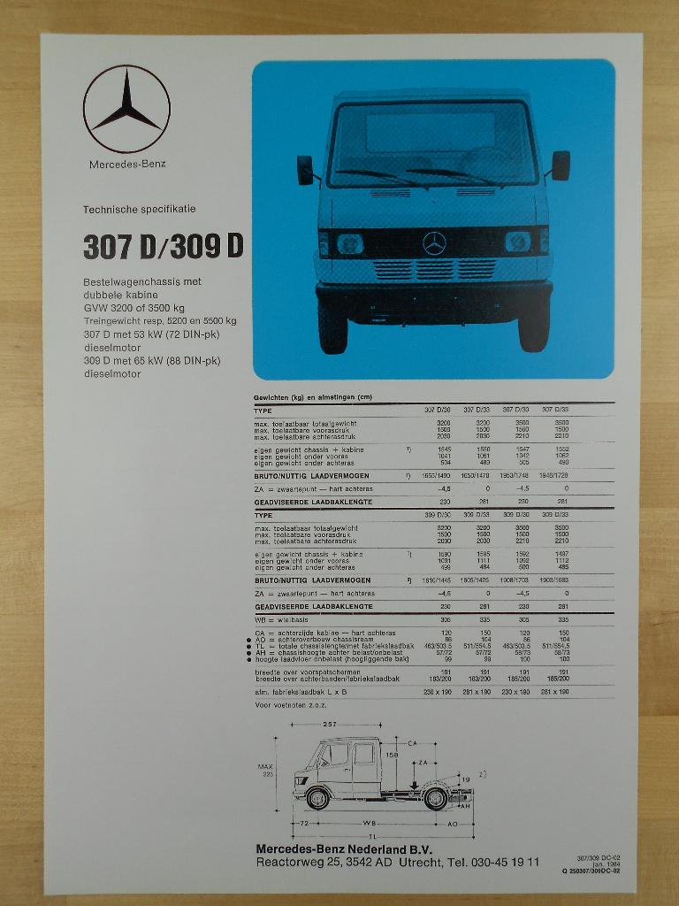 Mercedes 307 309 Specificatie folder 1984 DC - 307D 309D, Zo goed als nieuw, Mercedes-Benz, Mercedes, Ophalen of Verzenden