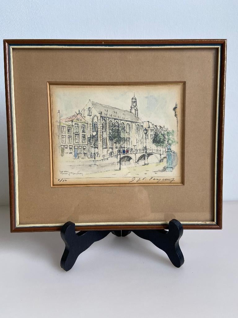 Het Academie gebouw in Leiden Prent afbeelding Aquarel?, Verzamelen, Foto's en Prenten, Ophalen of Verzenden, Voor 1940, Gebruikt