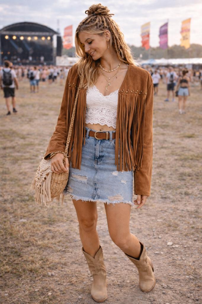 Boho suede-look jasje met franjes & studswestern statement, Kleding | Dames, Maat 38/40 (M), Bruin, Ophalen of Verzenden, Zo goed als nieuw