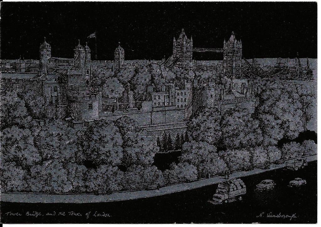 Ansichtkaart	Londen 	Tower Bridge & The Tower	Zilverkaart, Verzenden, 1980 tot heden, Gelopen, Engeland