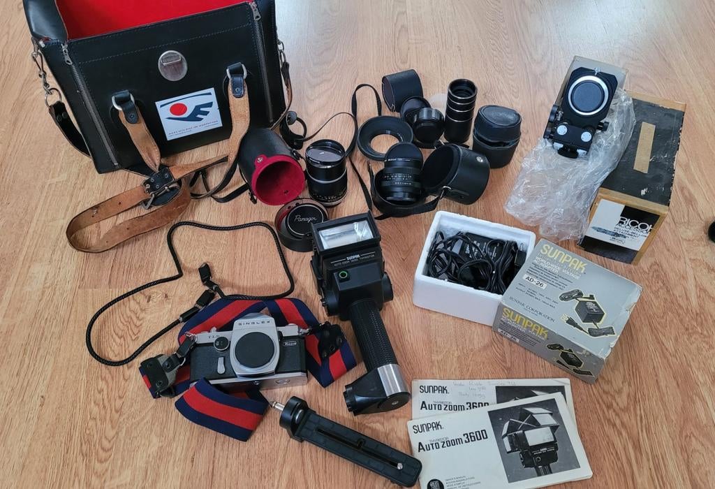 Ricoh Singlex TLS met accessoires, Ophalen of Verzenden, Gebruikt, Spiegelreflex, Overige Merken