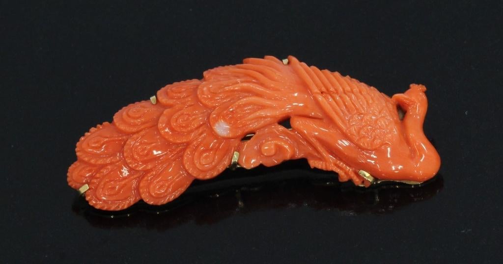 Bloedkoraal pauw fraaie 14k gouden broche vintage antiek, Sieraden, Tassen en Uiterlijk, Antieke sieraden, Verzenden, Goud, Broche