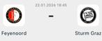 Feyenoord- Strurm graz, Vak Y2, 2 kaarten €20 per stuk, Tickets en Kaartjes, Sport | Voetbal, Seizoenskaart, Eén persoon