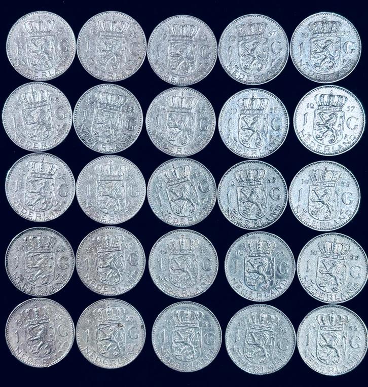 25 Zilveren Guldens Juliana, Postzegels en Munten, Munten | Nederland, Losse munt, 1 gulden, Koningin Juliana, Zilver, Ophalen of Verzenden