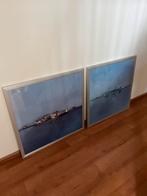 Tweeluik blauw schilderij in zilveren lijst, Foto of Poster, 75 tot 100 cm, Zo goed als nieuw, Ophalen