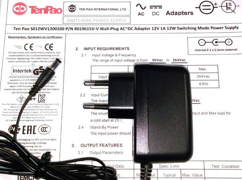 Ten Pao S012WV1200100 12V 1A 12W AC DC Adapter Lader Voeding, Computers en Software, Pc- en Netwerkkabels, Zo goed als nieuw, Ophalen of Verzenden