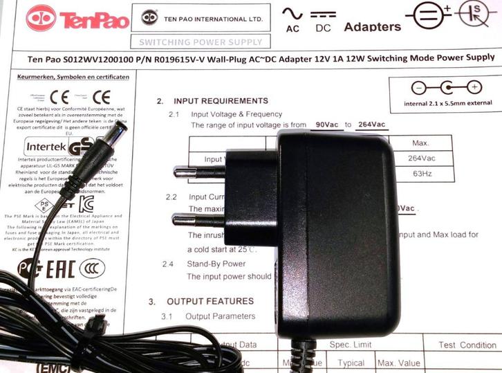Ten Pao S012WV1200100 12V 1A 12W AC DC Adapter Lader Voeding, Computers en Software, Pc- en Netwerkkabels, Zo goed als nieuw, Ophalen of Verzenden