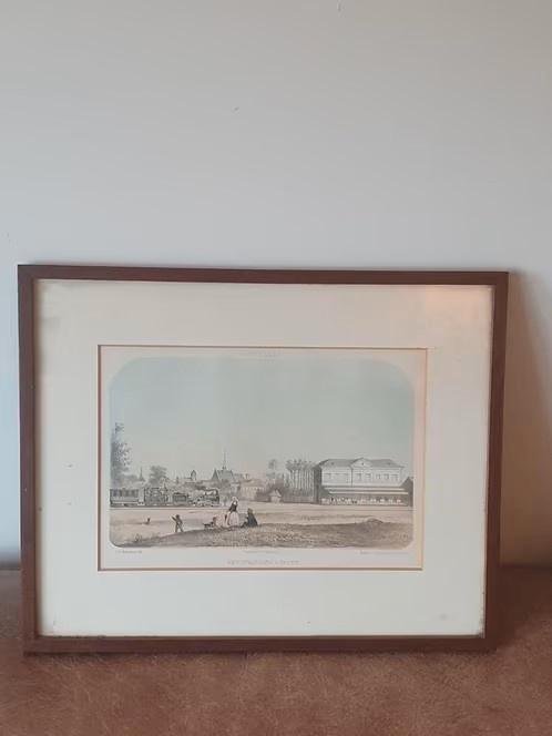 Steendruk 1860 stationsgebouw Zevenaar Heijmans Blommers, Antiek en Kunst, Kunst | Etsen en Gravures, Ophalen
