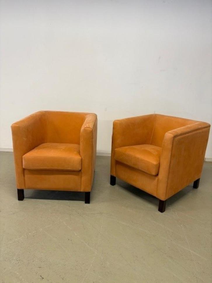 Set van twee kubistische clubfauteuils, Huis en Inrichting, Fauteuils, Zo goed als nieuw, Leer, Minder dan 50 cm, 75 tot 100 cm