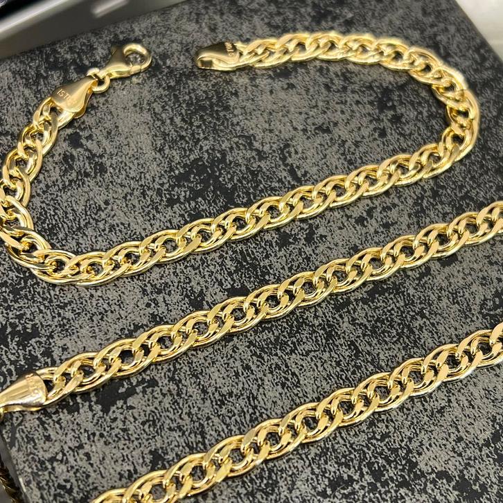 14 karaat gouden ketting met armband plat schakel, Sieraden, Tassen en Uiterlijk, Kettingen, Nieuw, Goud, Ophalen of Verzenden