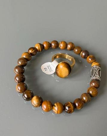 Leuke echte stenen ring tijgeroogje + stenen armbandje mt1 beschikbaar voor biedingen