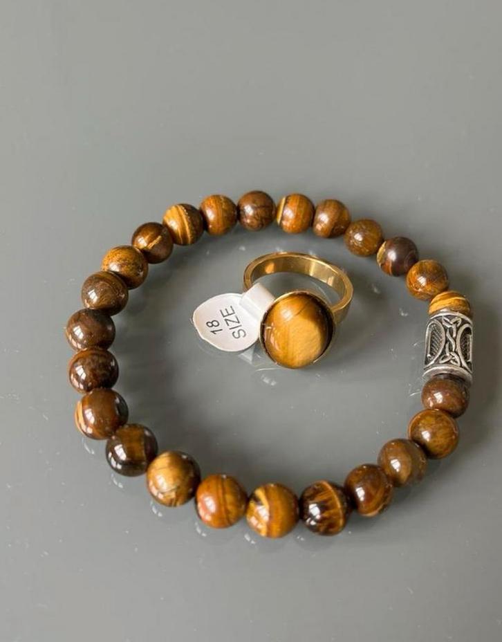 Leuke echte stenen ring tijgeroogje + stenen armbandje mt1, Sieraden, Tassen en Uiterlijk, Ringen, Nieuw, Dame, 17 tot 18, Bruin
