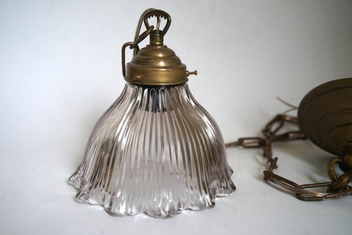 vintage antiek holophane hanglamp glas ribbel stof snoer k., Huis en Inrichting, Lampen | Hanglampen, Gebruikt, 75 cm of meer
