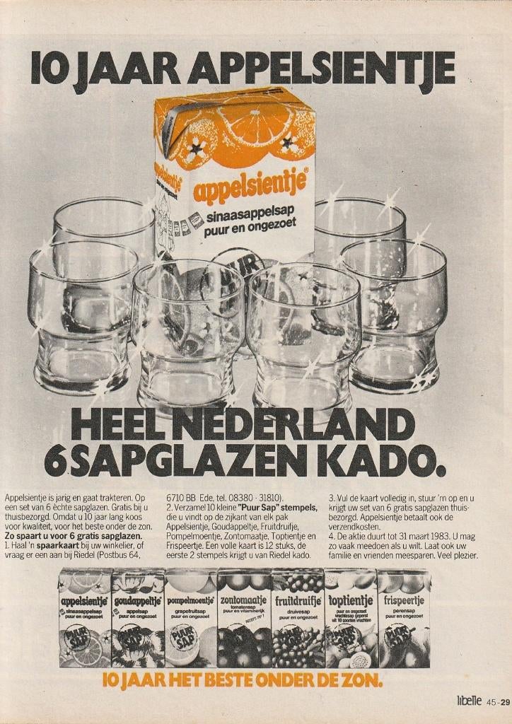 Retro reclame 1982 Riedel Appelsientje glazen glas, Verzamelen, Retro, Overige typen, Verzenden