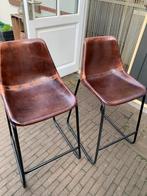 Donkerbruin leren barkrukjes, Huis en Inrichting, Barkrukken, 2 krukken, Ophalen of Verzenden, Gebruikt, Metaal