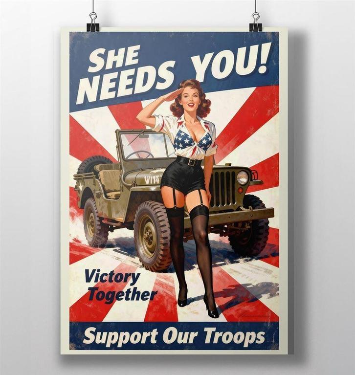 Willys Jeep sexy Pin Up Propaganda Poster #2, Verzamelen, Militaria | Tweede Wereldoorlog, Foto of Poster, Nederland, Verzenden