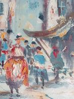 Schilderij jaren 60 stadsgezicht met mensen, Antiek en Kunst, Kunst | Schilderijen | Klassiek, Ophalen of Verzenden