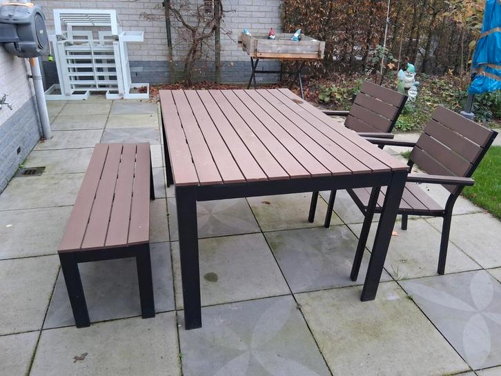 Tuinset met bank & 2 stoelen., Tuin en Terras, Tuinsets en Loungesets, Gebruikt, Tuinset, Kunststof, 4 zitplaatsen, Bank, Eettafel