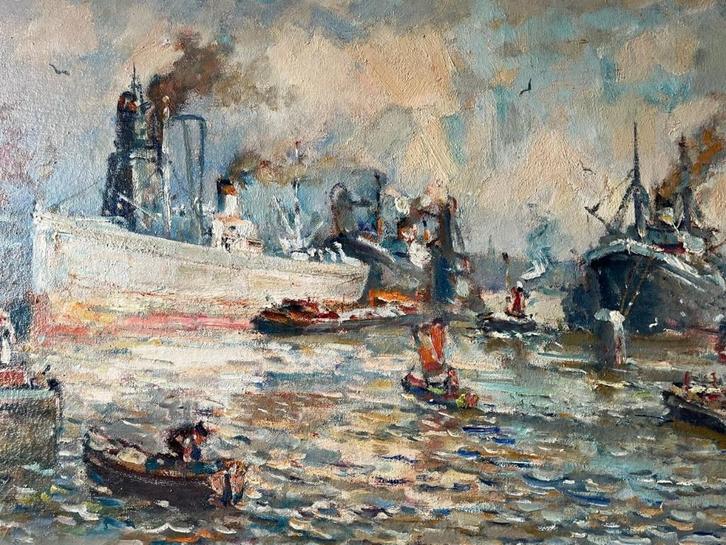 Evert Moll, ingelijst Rotterdams havengezicht, Antiek en Kunst, Kunst | Schilderijen | Klassiek, Ophalen