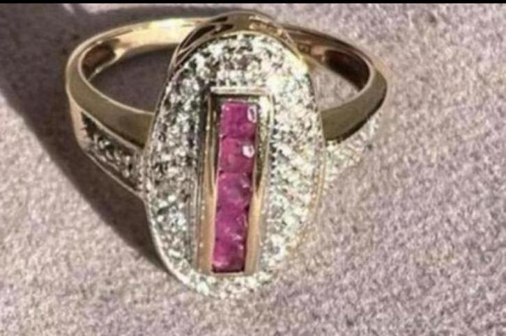 ART DECO ANTIEKE GOUDEN RING MET 5 ROBIJNEN EN DIAMANTEN, Sieraden, Tassen en Uiterlijk, Ringen, Zo goed als nieuw, Dame, Kleiner dan 17