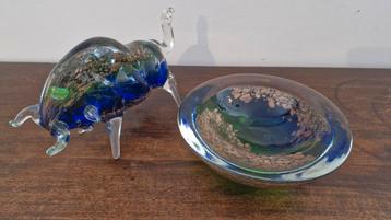 Vintage glazen Murano stier en schaal  beschikbaar voor biedingen