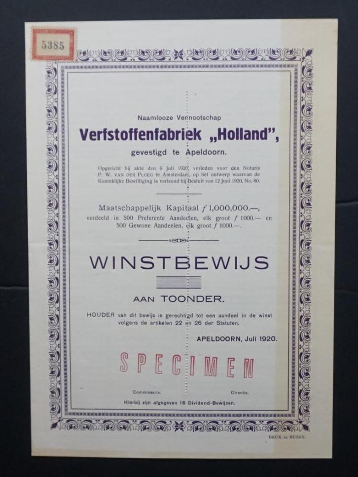 Verfstoffenfabriek "Holland" (later BASF) - Apeldoorn 1920, Postzegels en Munten, Aandelen en Waardepapieren, Overige typen, 1920 tot 1950