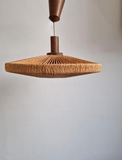 Vintage grote Temde Design hanglamp sisal - teak - mooi!, Huis en Inrichting, Lampen | Hanglampen, Zo goed als nieuw, Minder dan 50 cm