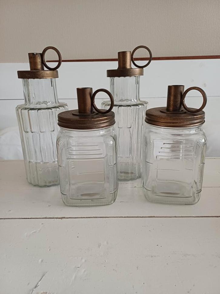 Glazen potten met kaarsenstandaard, Antiek en Kunst, Curiosa en Brocante, Ophalen of Verzenden