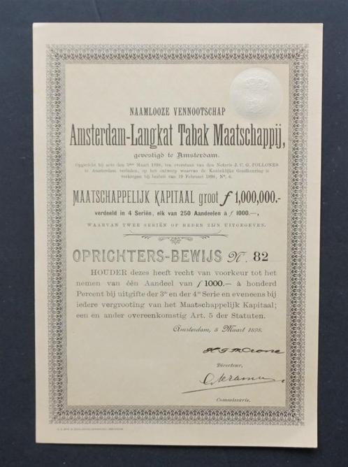 Amsterdam Langkat Tabak Mij (Ned.Indie) - Amsterdam 1898, Postzegels en Munten, Aandelen en Waardepapieren, 1920 tot 1950, Verzenden