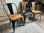 3 Tolix café stoelen - metaal, hout & kunstleer, Ophalen, Gebruikt, 60 tot 90 cm, Metaal