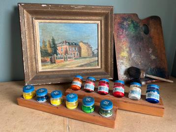 OUDE HOUTEN TRAY MET POTJES VOLKSSCHILDERKUNSTVERF beschikbaar voor biedingen