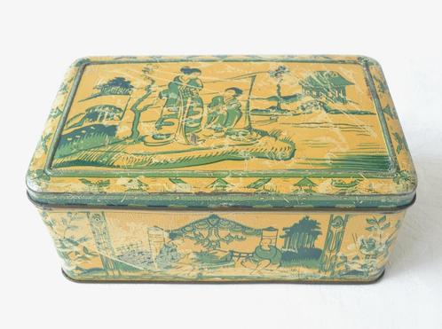 Antiek rechthoekig blik / Koektrommel, met geel Japans decor, Verzamelen, Blikken, Gebruikt, Overige, Overige merken, Ophalen of Verzenden