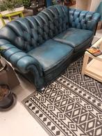 Vintage Chesterfield bank blauw leer 190 cm, Huis en Inrichting, Ophalen, Gebruikt, 150 tot 200 cm, Tweepersoons