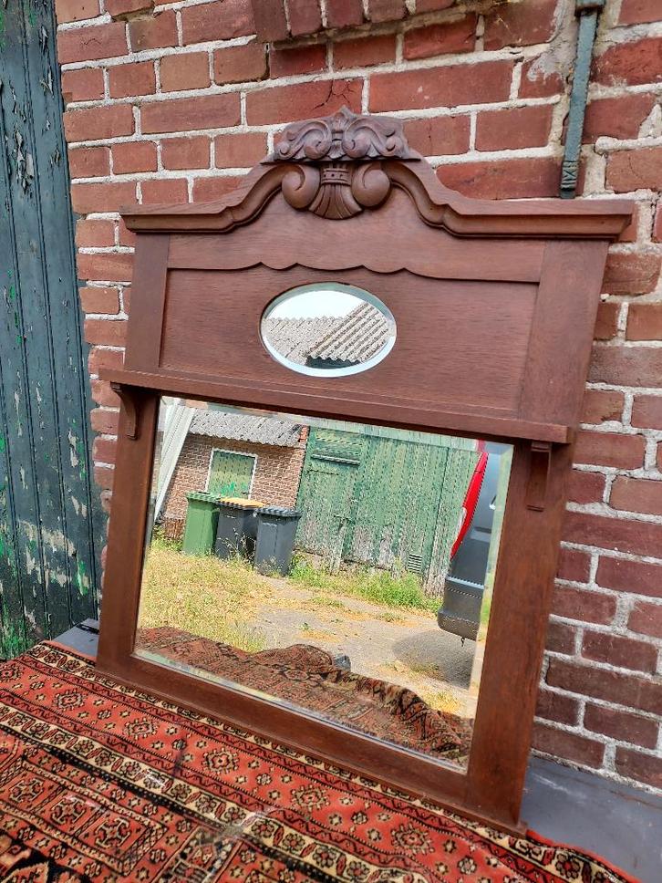 Art Nouveau spiegel, eiken lijst met gestoken kuif., Antiek en Kunst, Antiek | Spiegels, 50 tot 100 cm, 100 tot 150 cm, Rechthoekig