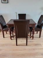 €175,- set 4 leren stoelen donkerbruin en teakhouten frame., Huis en Inrichting, Stoelen, Bruin, Leer, Ophalen of Verzenden, Zo goed als nieuw