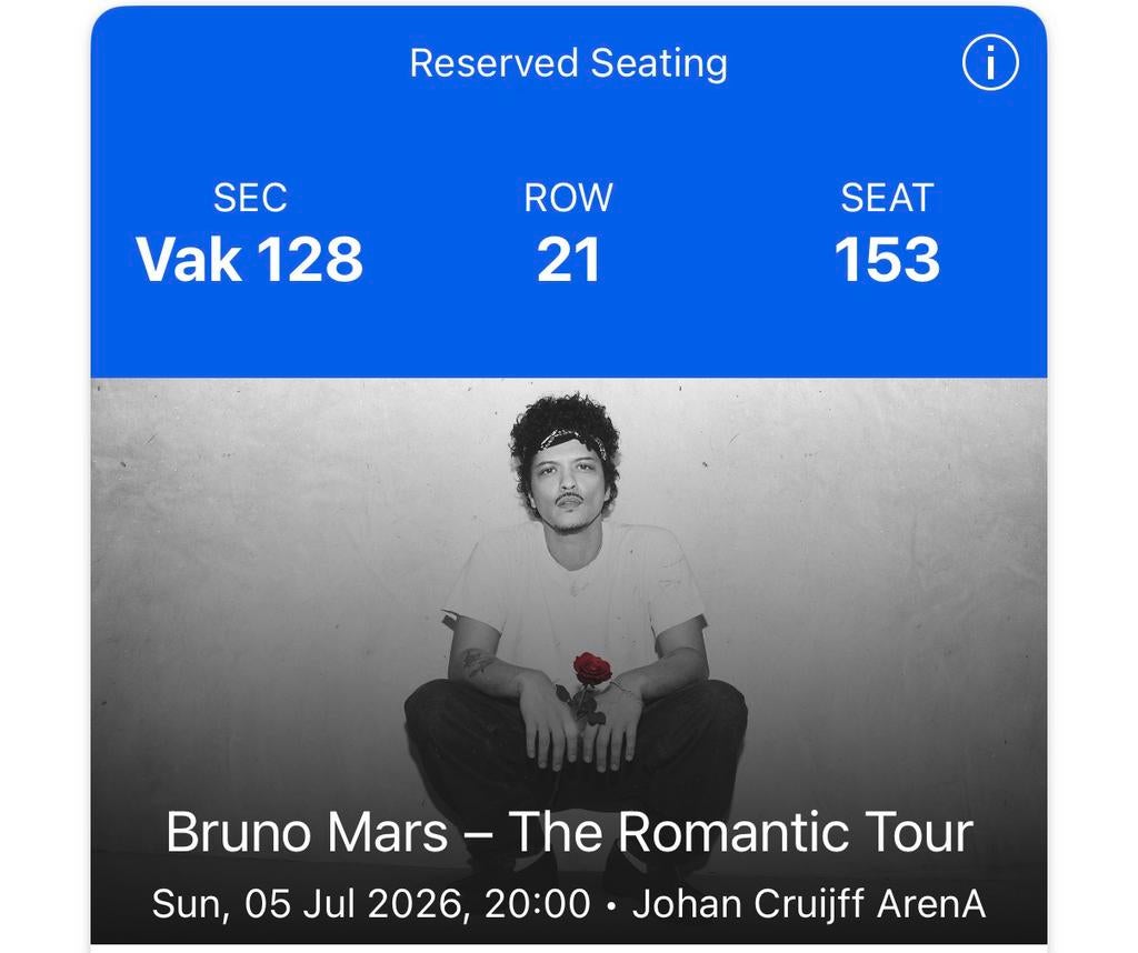 Bruno Mars 1x Premium Zitplaats 5 juli Johan Cruijff Arena, Tickets en Kaartjes, Eén persoon, Juli