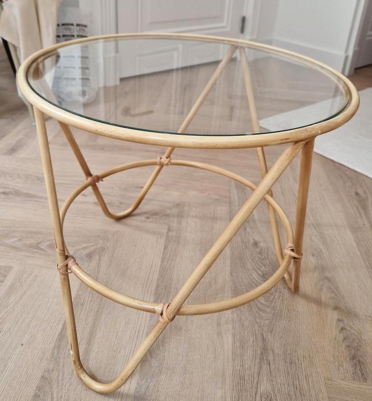 Bijzettafel / salontafel glas bamboe hout rond, Huis en Inrichting, Tafels | Bijzettafels, Zo goed als nieuw, Rond, 45 tot 60 cm